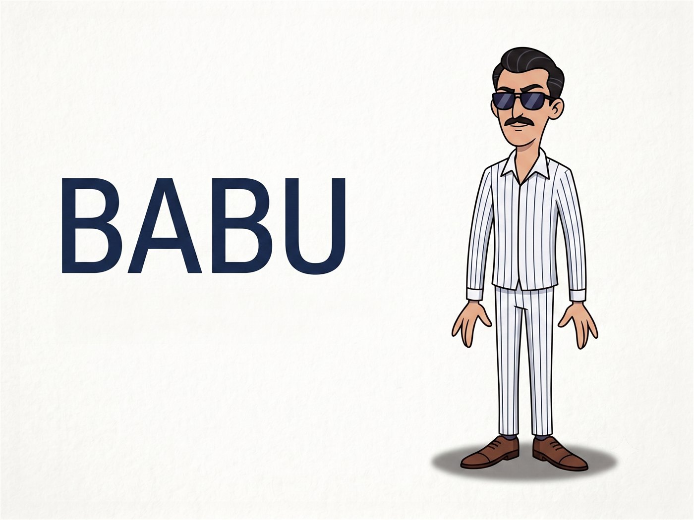 Babu — a cool cartoon man in a white pinstripe suit and sunglasses