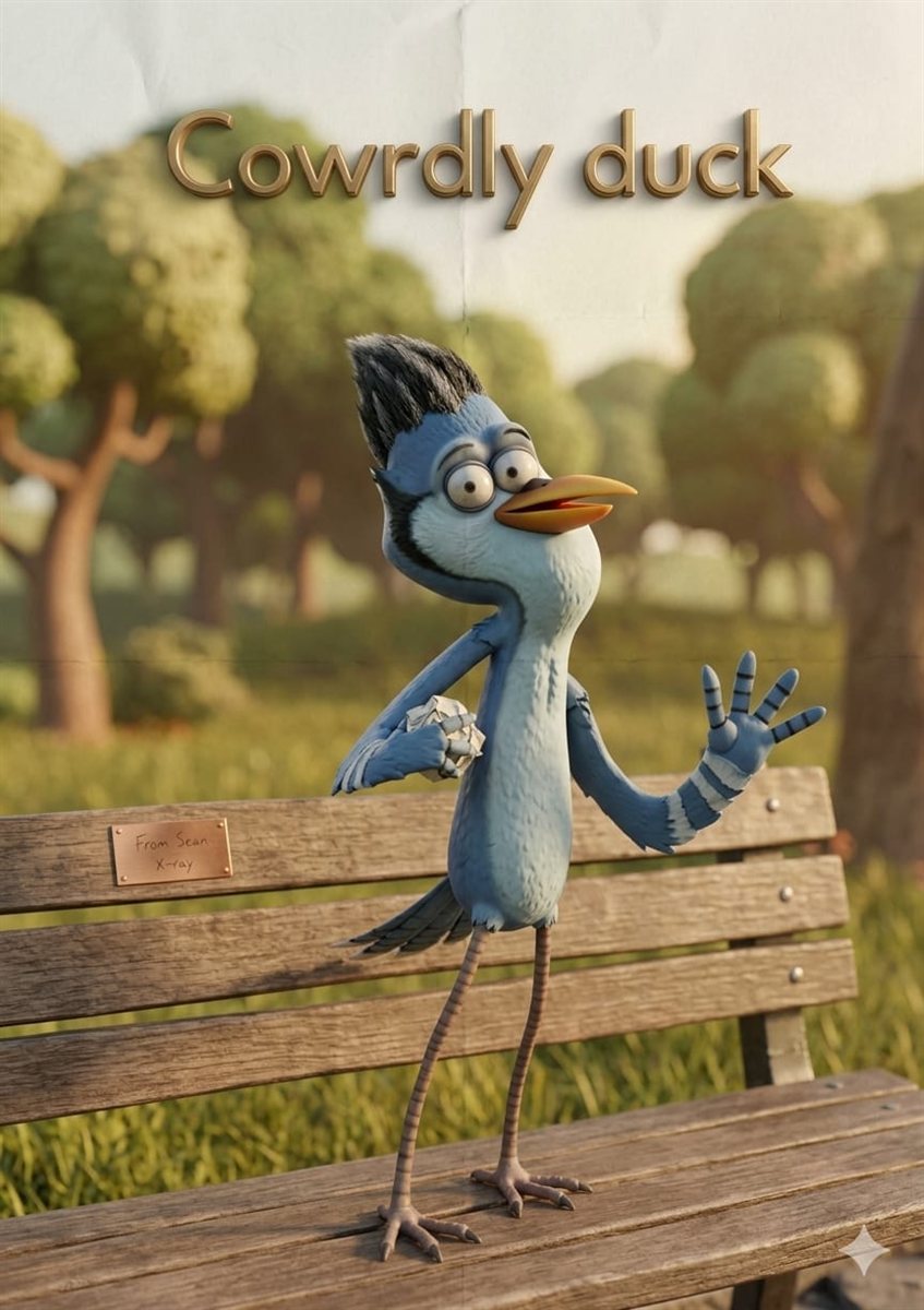 Cowrdly Duck — a nervous blue bird waving from a park bench