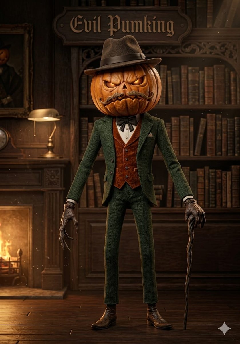 Evil Pumking — a villain with a jack-o-lantern head in a fancy tweed suit