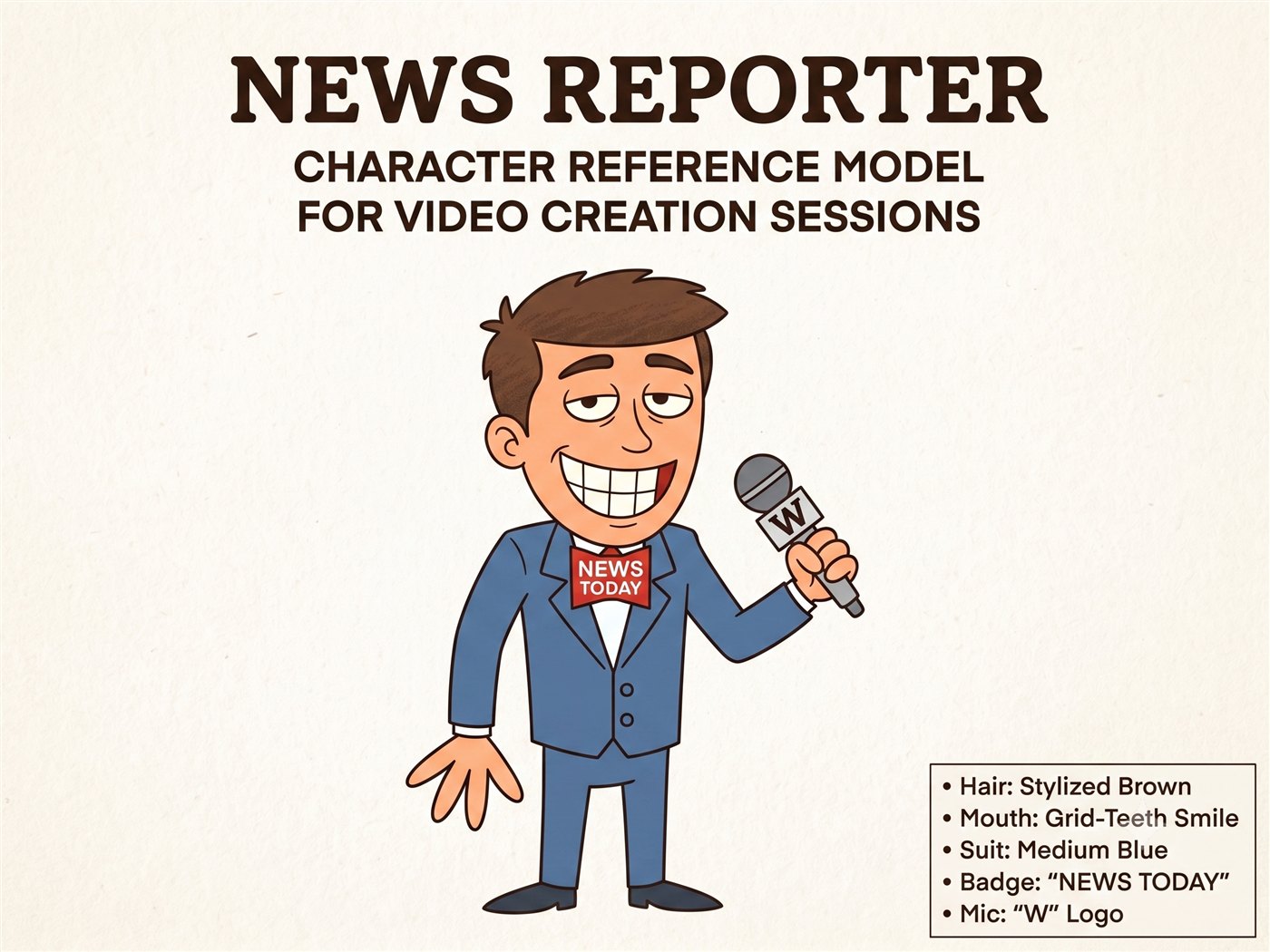 A grinning cartoon news reporter holding a microphone