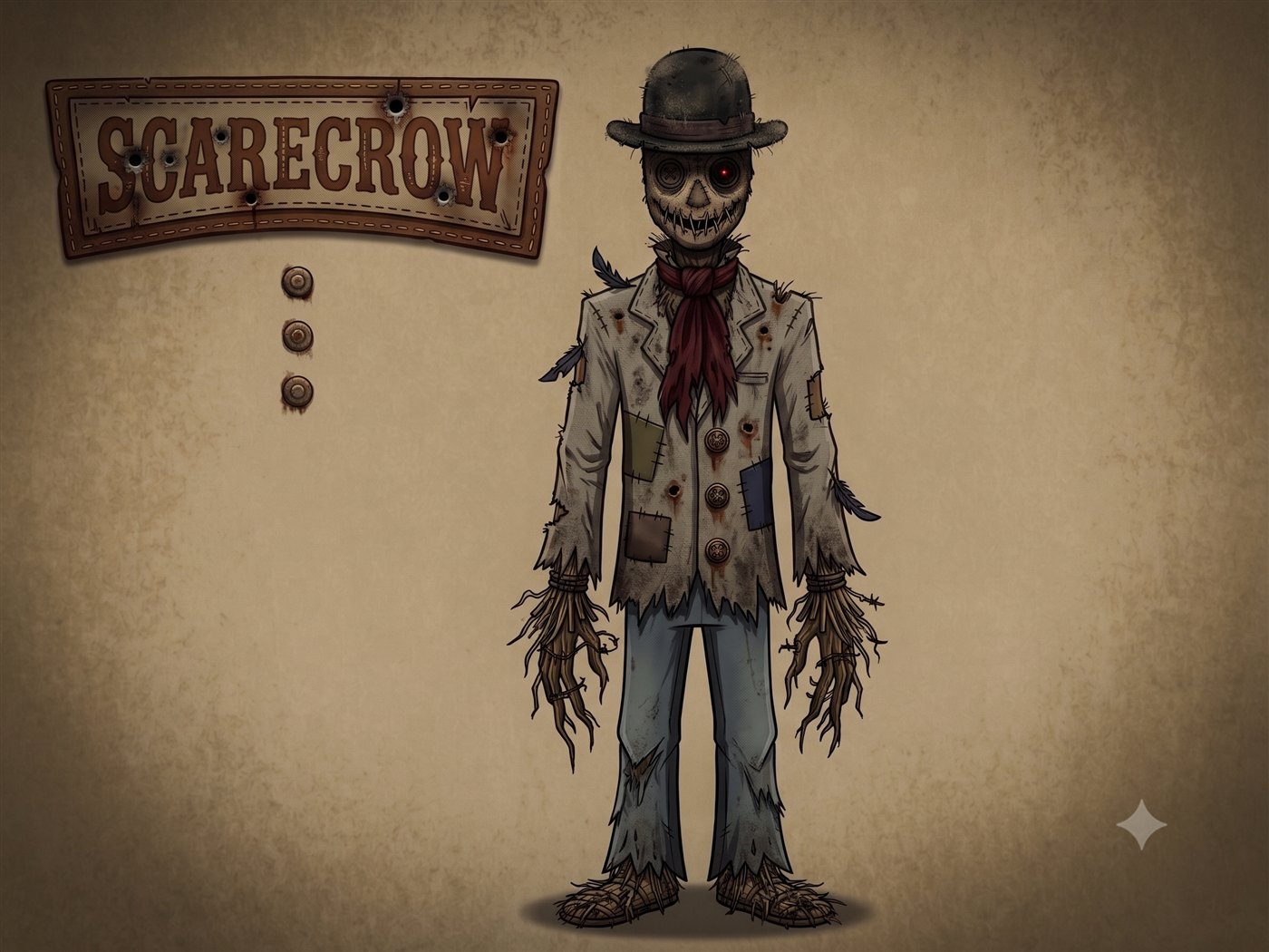A spooky patched-up scarecrow in a bowler hat with one glowing red eye