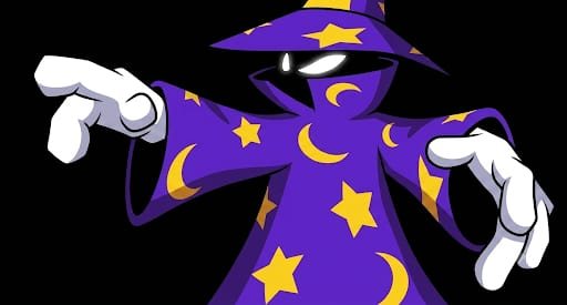 A mysterious wizard in a purple robe covered in stars and moons